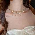 Silver Pearl Rhinestone Chain Tassel Choker Necklace view 2