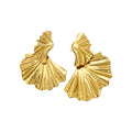 Gold Textured Folded Fan Statement Stud Earrings With Ridges view 5