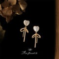 Heart Cat Eye Glass Studs Gold Zircon Bow Drop Earrings view 1