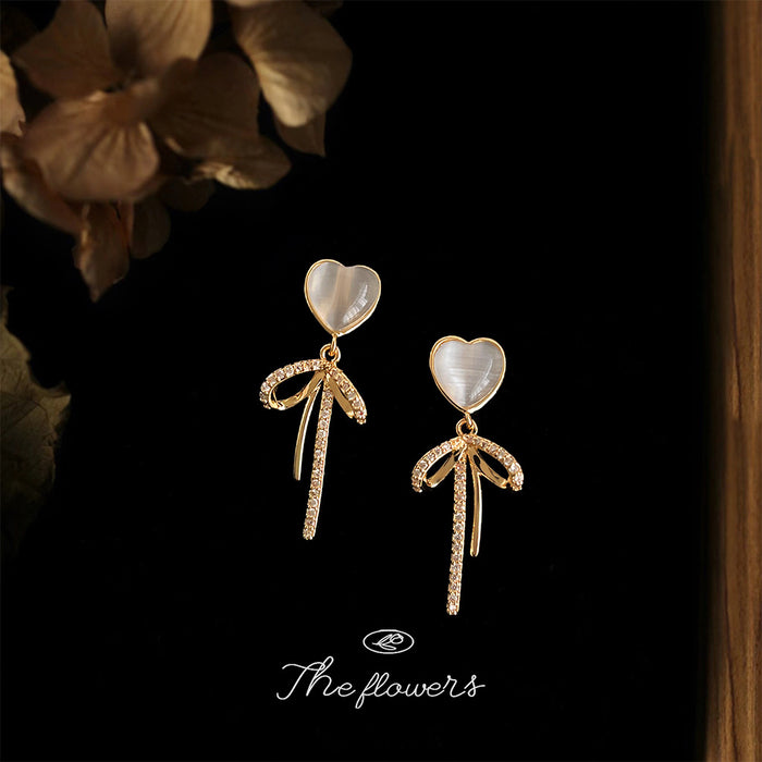 Heart Cat Eye Glass Studs Gold Zircon Bow Drop Earrings