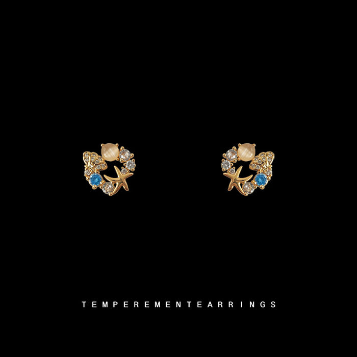 Gold Tone Starfish Shell And Aqua Stone Cluster Stud Earrings