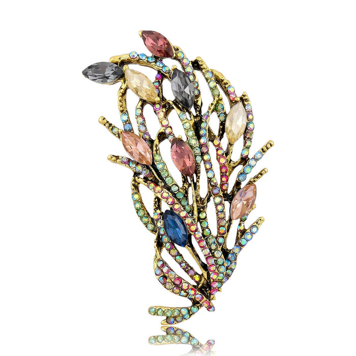Antique Gold Feather Brooch Multicolor Marquise Rhinestones