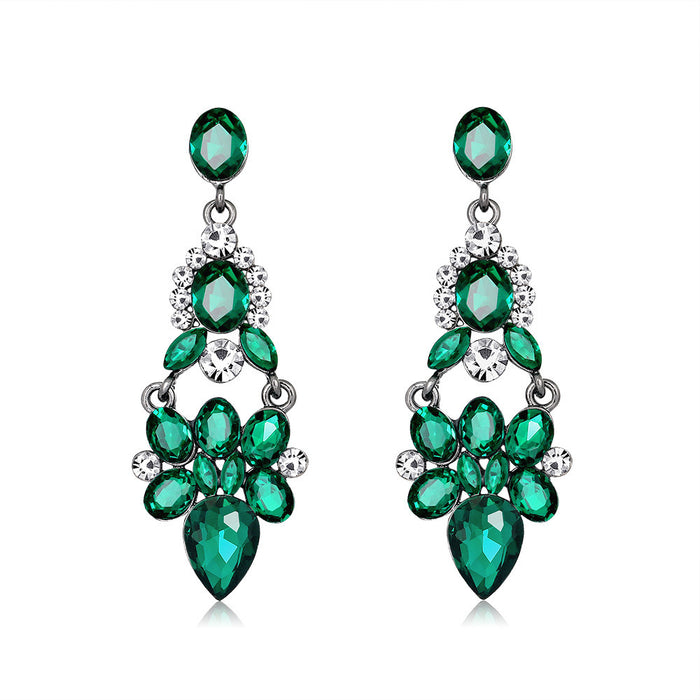 Green Silver Tone Green Floral Teardrop Tassel Crystal Three Designs Metal Dangle Earrings