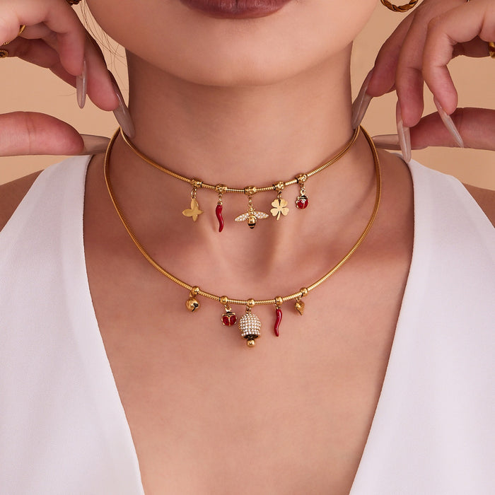Gold Snake Chain Necklaces With Bell Bee Chili Charms