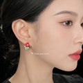 Red Enamel Morning Glory Green Crystal Flower Stud Pair view 2