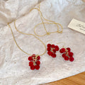 Red Flocked Grape Cluster Necklace Hook Earrings Gold Tone view 4