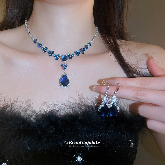 Blue Flower Teardrop Necklace Earrings Silver Crystal Set