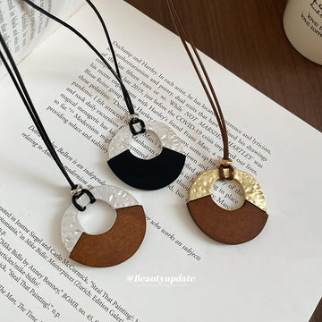 Layered Brown Disc Pendant Necklace with Black Cord