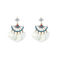 Gold Tone Blue Beaded Fan Shell Disc Drop Earrings view 5