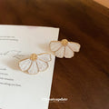 White Enamel Fan Petal Gold Tone Statement Stud Earrings view 4
