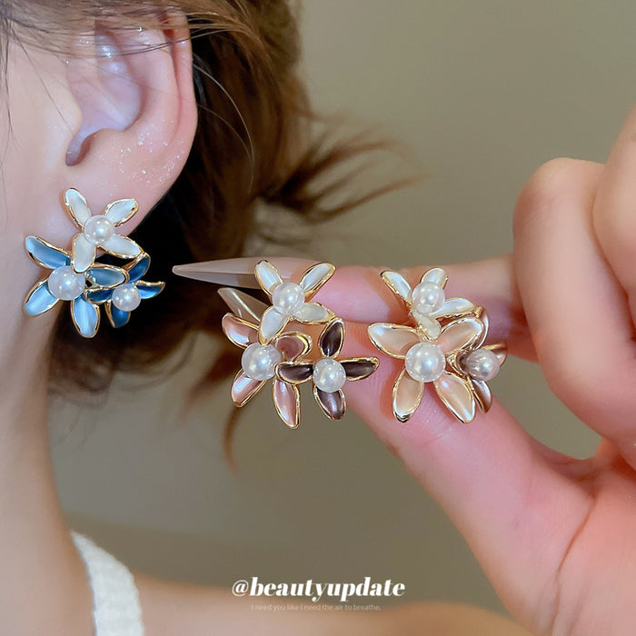 Crystal Flower and Faux Pearl Stud Earrings in Three Colors