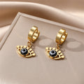 Gold Tone Hamsa Star and Lash Evil Eye Huggie Drop Earrings view 9