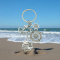 Antique Silver Sailboat Ship Wheel and Compass Charm Keychain view 1
