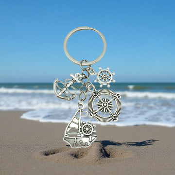 Antique Silver Sailboat Ship Wheel and Compass Charm Keychain