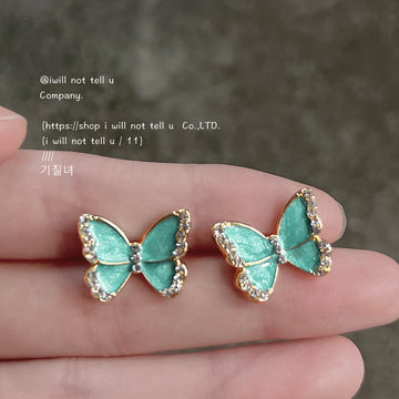 Gold Tone Aqua Butterfly Clear Stone Border Stud Earrings For Women