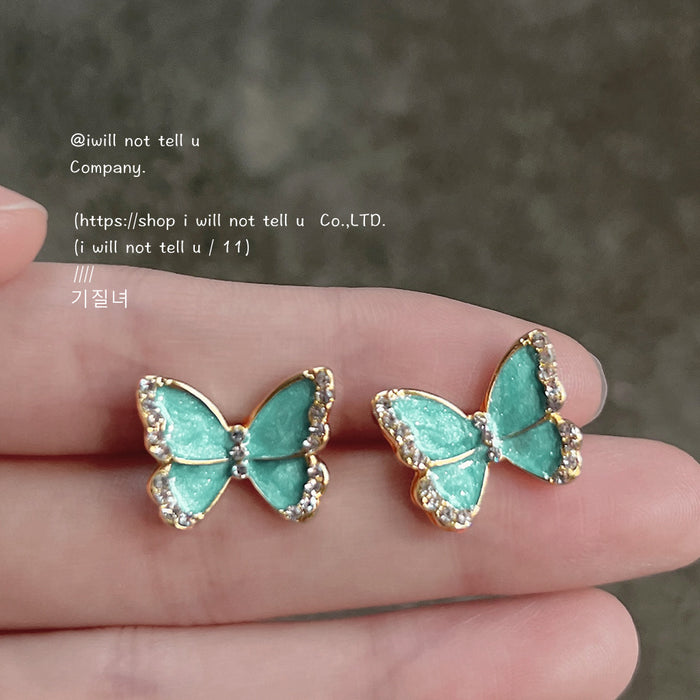 Gold Tone Aqua Butterfly Clear Stone Border Stud Earrings For Women