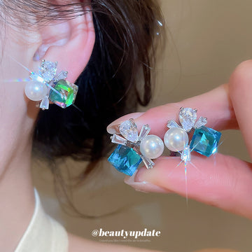 Crystal Square and Pearl Clip-On Stud Earrings with Polished Metal Details