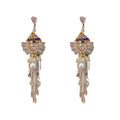 Gold Crystal Fan Pearl Tassel Drop Earrings Polished Metal Jewelry view 5