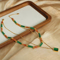 Gold Double Layer Necklace Green Tube Beads Square Pendant view 3
