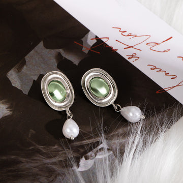 Pale Green Oval Silver Rings Pearl Look Dangle Earrings