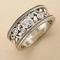 Wide Ornate Bezel Clear Stone Ring In Antiqued Silver Tone view 1