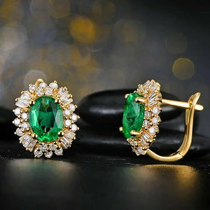 Gold Tone Green Oval Halo Clear Accent Lever Back Earrings