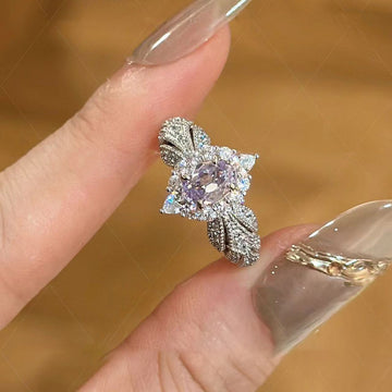Silver Leaf Shoulder Ring Oval Lavender Center Stones