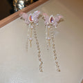Pink Butterfly Crystal Earrings with Triple Chain Tassels view 6