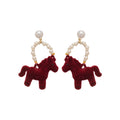 Burgundy Flocked Horse Drop Earrings With Pearl Accents view 5