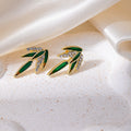 Gold Tone Green Bamboo Leaf Clear Look Stud Earrings view 2