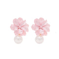 Resin Flower Stud Earrings With Pearl Drops In Three Colors view 5