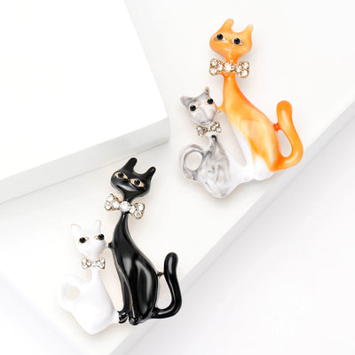 Two Cat Enamel Brooch front view