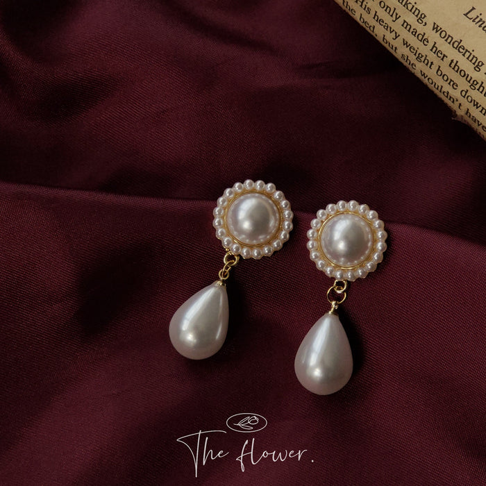 White Pearl Halo Drop Earrings Teardrop Dangle Gold Tone