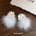 White Pom Pom Drop Earrings with Layered Flower Studs view 4