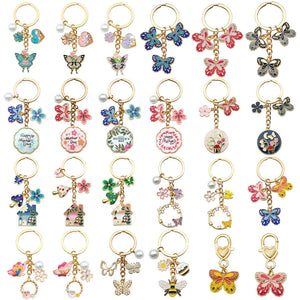 Butterfly and Flower Enamel Charm Keychains in Gold Tone Alloy