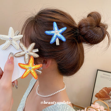 Blue Raffia Starfish Duckbill Hair Clip Rhinestone Center