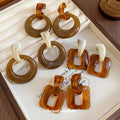 Brown and Ivory Resin Geometric Drop Stud Earrings view 1