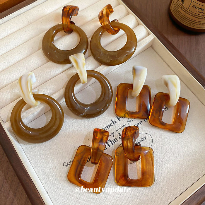 Brown and Ivory Resin Geometric Drop Stud Earrings