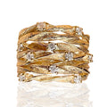 Wide Textured Leaf And Clear Stone Band In Gold And Silver Tones view 5