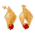 Textured Shell Earrings with Red Square Crystals in Gold Tone view 5