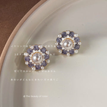 Purple Enamel Round Pearl Flower Stud Earrings Pair