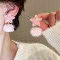 Pink Gingham Star Fluffy Pom Pom Stud Earrings Statement Pair view 4