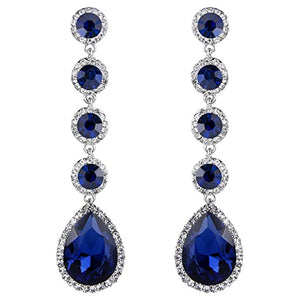 Royal Blue Teardrop Crystal Long Linear Drop Earrings