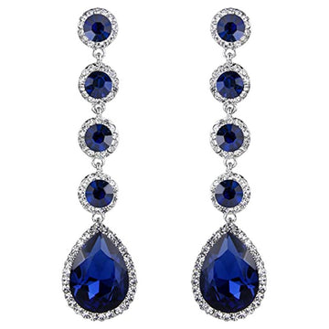Royal Blue Teardrop Crystal Long Linear Drop Earrings