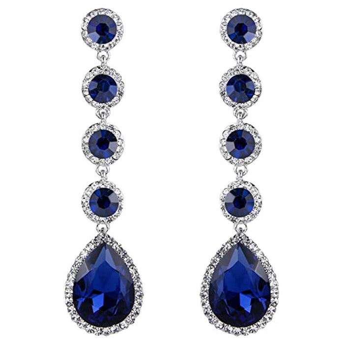 Royal Blue Teardrop Crystal Long Linear Drop Earrings