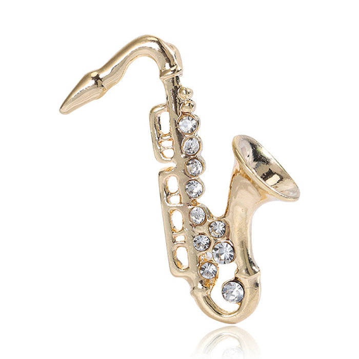 Rhinestone Saxophone Brooch Metal Instrument Silver Gold Pin