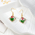 Gold Tone Diamond-Shaped Pressed Flower Drop Earrings in Five Designs view 5