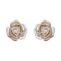 Layered Camellia Stud Earrings With Faux Pearl Centers view 5