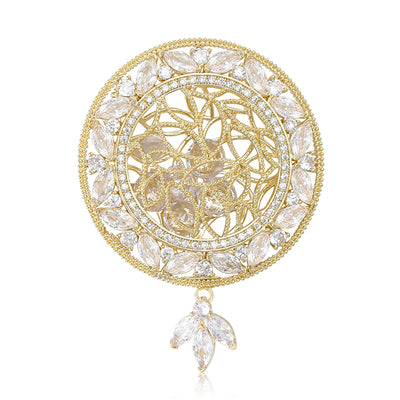 Front view of a round gold-tone openwork medallion with three teardrop dangles