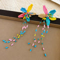 Multicolor Seed Bead Flower Long Tassel Drop Earrings view 6